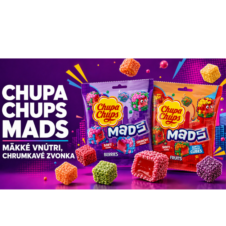 Želé cukrovinky Chupa Chups Mads Fruits a Berries s chrumkavým povrchom
