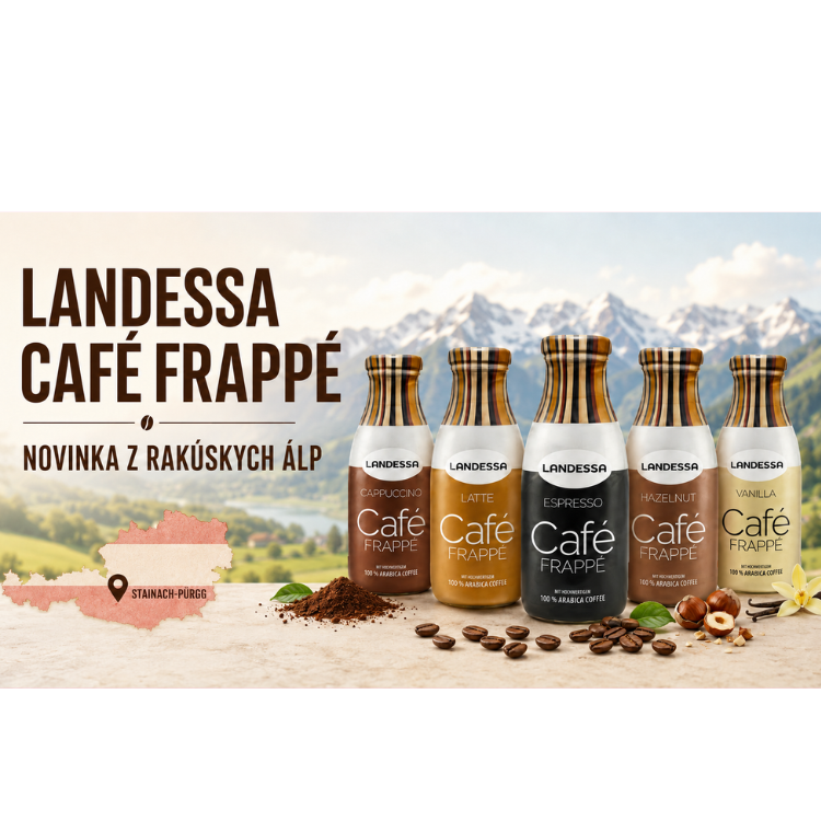 Päť príchutí Landessa Café Frappé v sklenených fľašiach pred rakúskymi Alpami