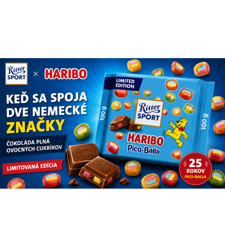 Limitovaná čokoláda Ritter Sport s cukríkmi HARIBO Pico-Balla