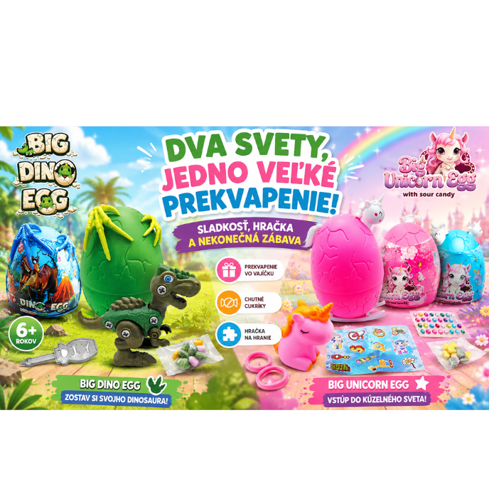 Big Dino Egg a Big Unicorn Egg – veľké 3D vajíčka so sladkosťami a hračkou