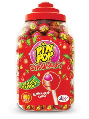 PIN POP STRAWBERRY 18g jahodová lízanka so žuvačkou (balenie:100ks 1ks od 0,095eur)