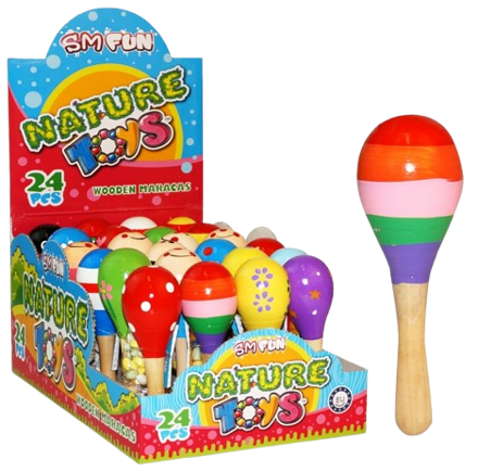 WOODEN MARACAS 5g drevená hračka s cukríkmi (Balenie:24ks 1ks=0,75eur)