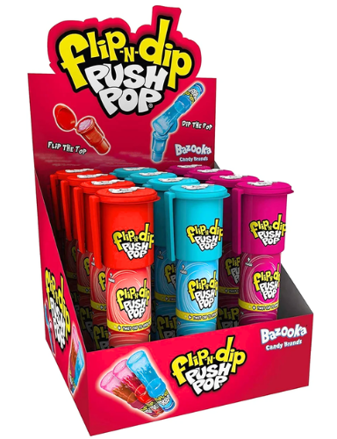 BAZOOKA PUSH POP FLIP&DIP 25g lízatko dávkovač (Balenie:12ks 1ks=1,90eur)
