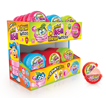 JOHNY BEE MINI ROLL 18g žuvačky s tetovačkou/stojan (balenie:30ks 1ks od 0,45eur)