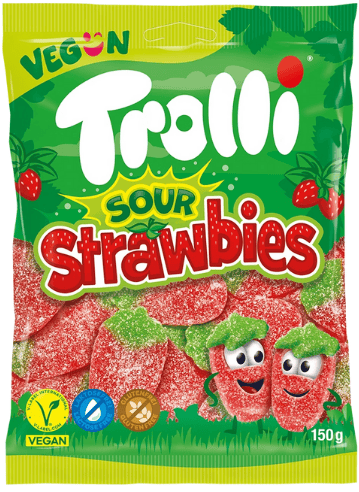 TROLLI SOUR STRAWBIES 150g želé cukríky TROLLI SOUR STRAWBIES 150g želé cukríky