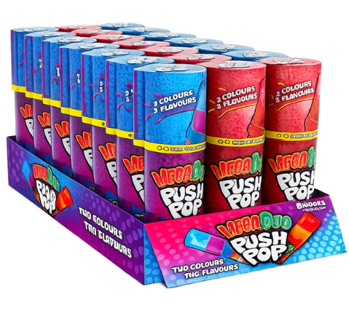 BAZOOKA MEGA  PUSH POP DUO 30g lízatkový dávkovač (Balenie:18ks 1ks=1,75eur)