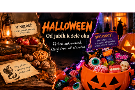 Halloweenske cukrovinky, candy corn, čokolády a želé sladkosti