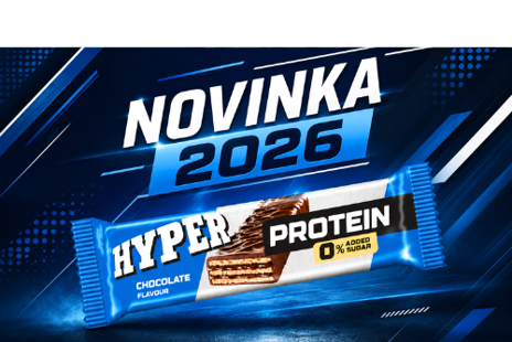 Modro-biela tyčinka Hyper Protein s čokoládovou príchuťou a označením 0 % pridaného cukru.