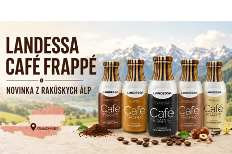 Päť príchutí Landessa Café Frappé v sklenených fľašiach pred rakúskymi Alpami