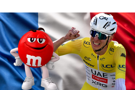 Maskoti M&M'S počas kampane na Tour de France 2026 s motívom žltého dresu.