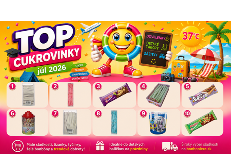 Rebríček najúspešnejších cukroviniek za júl 2026 na bonboniera.sk s lízankami, tyčinkami a sladkosťami pre deti.