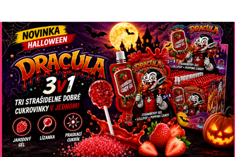 VIDAS DRACULA GEL 3v1 s jahodovým gélom, lízankou v tvare lebky a praskajúcimi cukríkmi